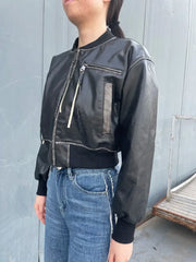 Stylish Short Bomber Leather Jacket Chic Zip Closure Leather Jacket