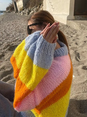 Rainbow Striped Printed Loose Knitted Pullover Fashion O Neck Long Sleeve Sweater