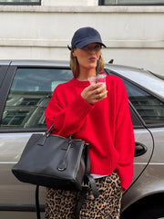 Red O-neck Knitted Loose For Chic Long Sleeve Thick Warm Sweater