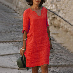 Plus Size Retro Cotton Linen V Neck Boho Dress