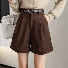 Retro High Waist Corduroy Casual Boyfriend Style Shorts Shorts
