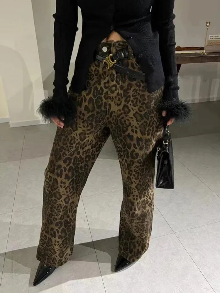 Retro Leopard Print Casual Harajuku High Waist Loose Fashion Trouser