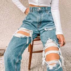 Retro For Summer New High-waisted Slimming Versatile Loose Design Jeans