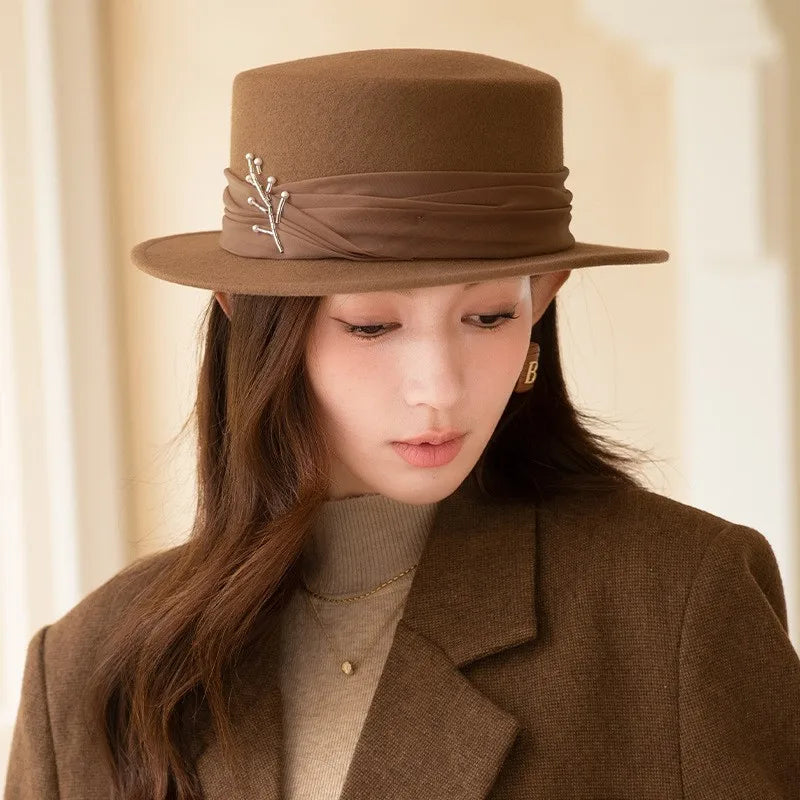 Ribbon Wool Fedora Flat Brim Jazz Sun Hat