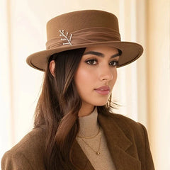 Ribbon Wool Fedora Flat Brim Jazz Sun Hat