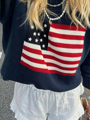 Round Neck Printed Knitted Loose Pattern Pullover Long Sleeve Sweater