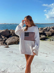 Round Neck Printed Knitted Loose Pattern Pullover Long Sleeve Sweater