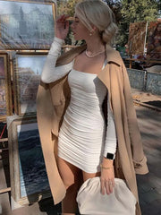 Ruched Long Sleeve Bodycon Party Elegant Streetwear Autumn Winter Mini Dress