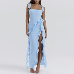 Ruffles Chiffon Maxi Dress For Backless Split Sexy Black Long Wedding Party Elegant Luxury Chic Female