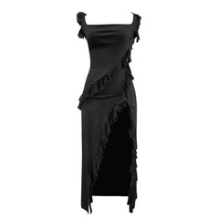 Ruffles Chiffon Maxi Dress For Backless Split Sexy Black Long Wedding Party Elegant Luxury Chic Female