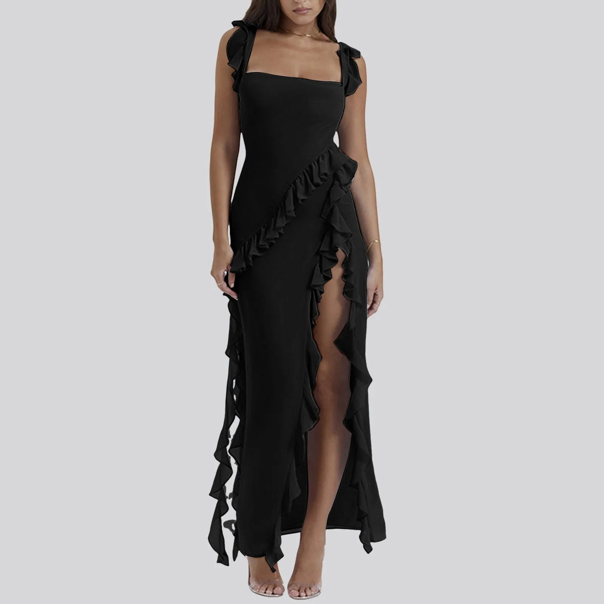 Ruffles Chiffon Maxi Dress For Backless Split Sexy Black Long Wedding Party Elegant Luxury Chic Female