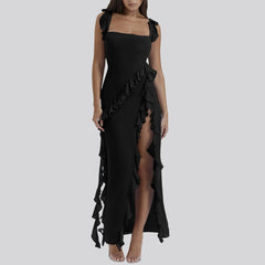 Ruffles Chiffon Maxi Dress For Backless Split Sexy Black Long Wedding Party Elegant Luxury Chic Female