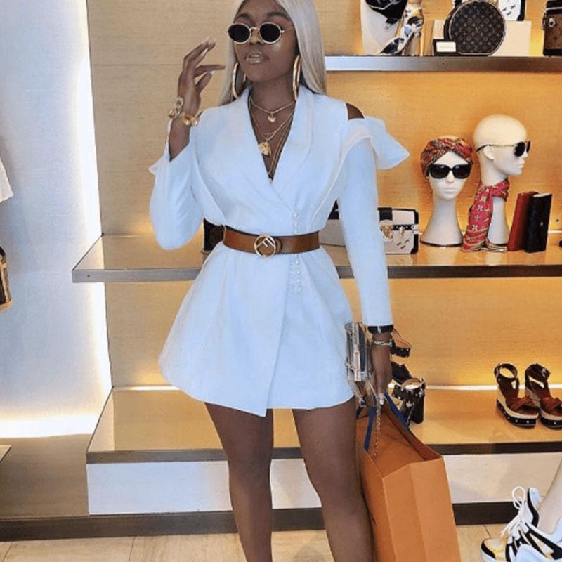 Ruffles sleeve white blazer dress Solid color white short autumn dress Eleganf office ladies workwear vestidos
