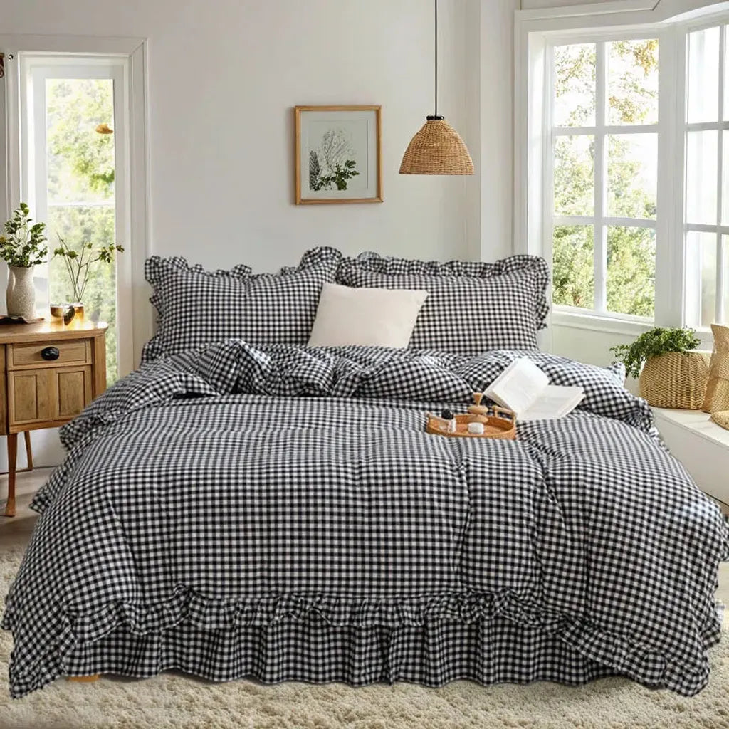 Rustic Gingham Duvet Cover with Ruffle
