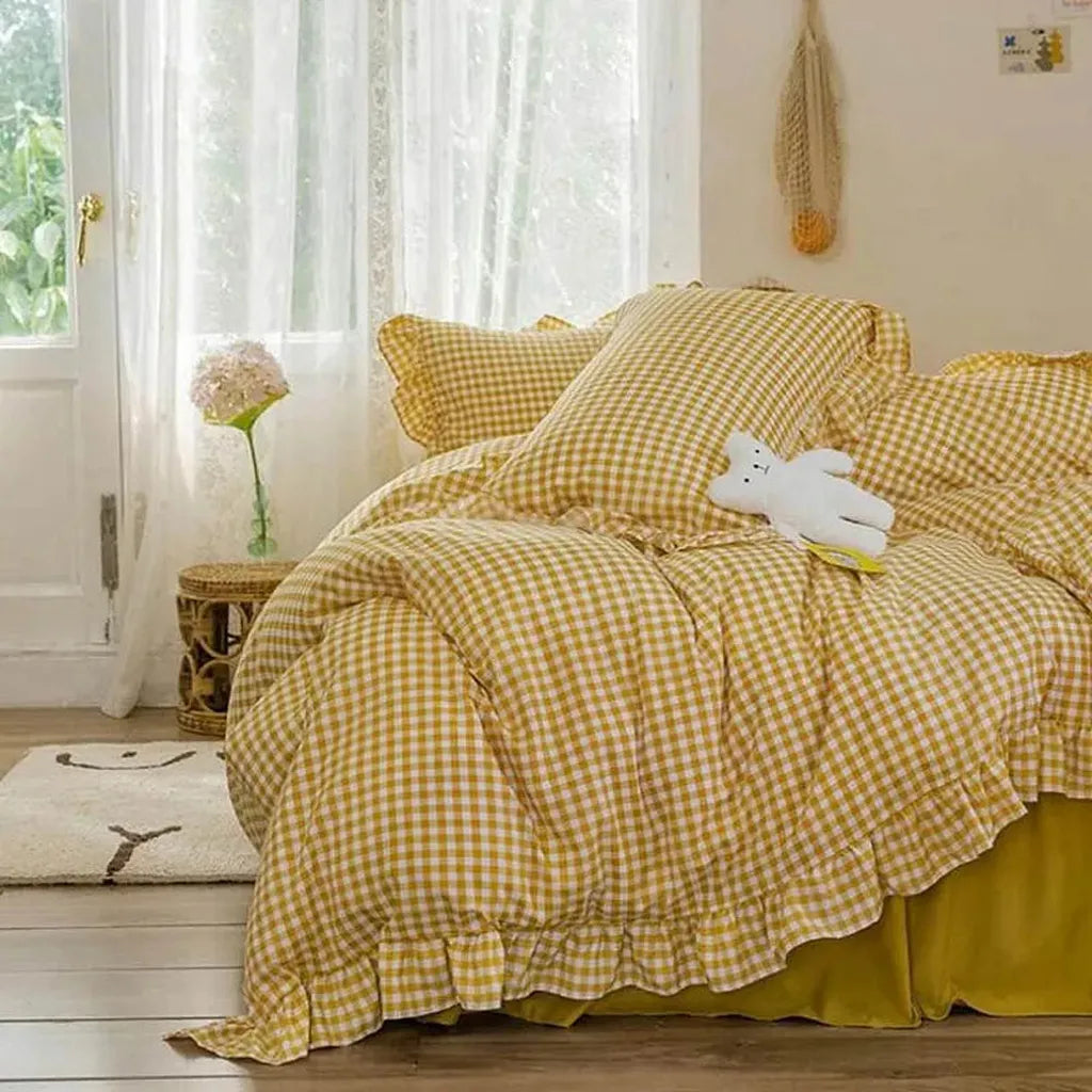 Rustic Gingham Duvet Cover with Ruffle