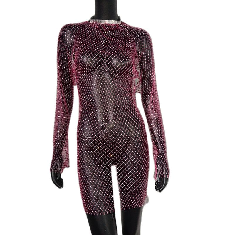 Bling Rhinestones Fishnet Mini Dress Sexy Long Sleeve Crystal Dress