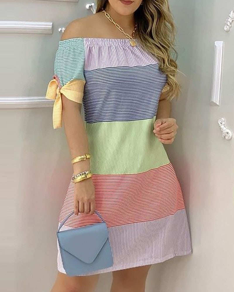 Off Shoulder Summer Mini Dress Short Sleeve Bow Tie Striped Plaid Floral Vestidos