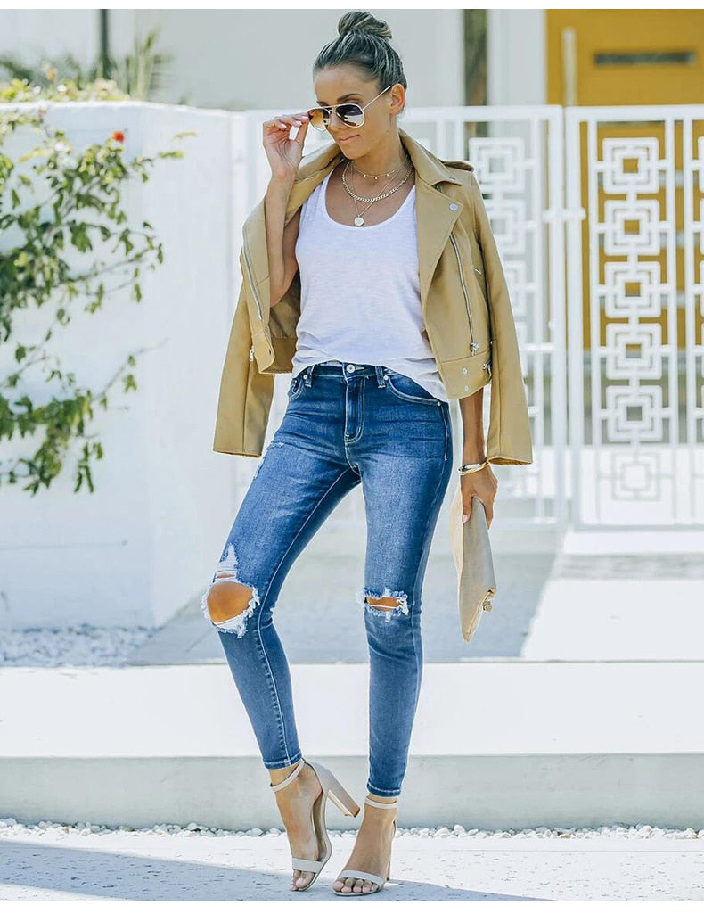 WomenJeans Blue Hight Waist Streetwear Ripped Casual Fashion Denim Pencil Pants