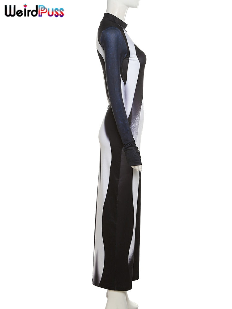 Weird Puss Gradient Maxi Dress Skinny Stretchy Long Sleeve O-Neck Trend Bodycon