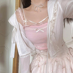 White Korean College Style Sweet Tank Top Bow Lace France Princess Vset