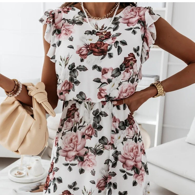 Chiffon Sleeveless Ruffles Floral Print Beach Dress