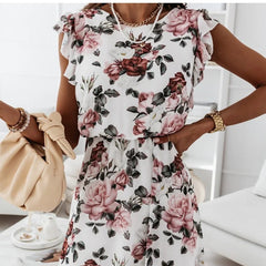Chiffon Sleeveless Ruffles Floral Print Beach Dress
