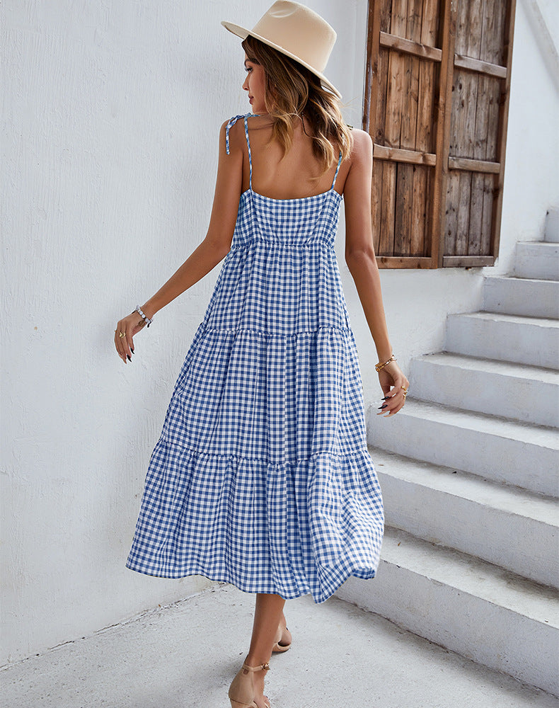 Boho Plaid Backless Casual Ruffles Party Beach Sundress