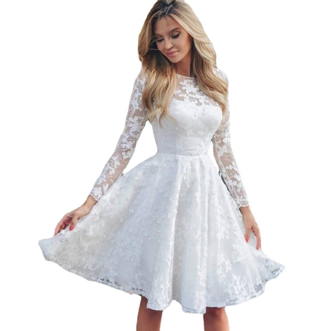 White Lace Hook Flower Hollow Patchwork Boho Long Sleeve Dresses Wedding Party