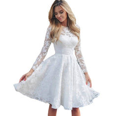 White Lace Hook Flower Hollow Patchwork Boho Long Sleeve Dresses Wedding Party