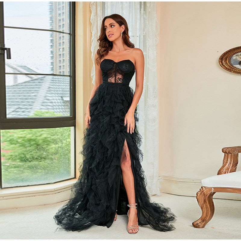 Lace Mesh Off Shoulder High Waist Evening Dress