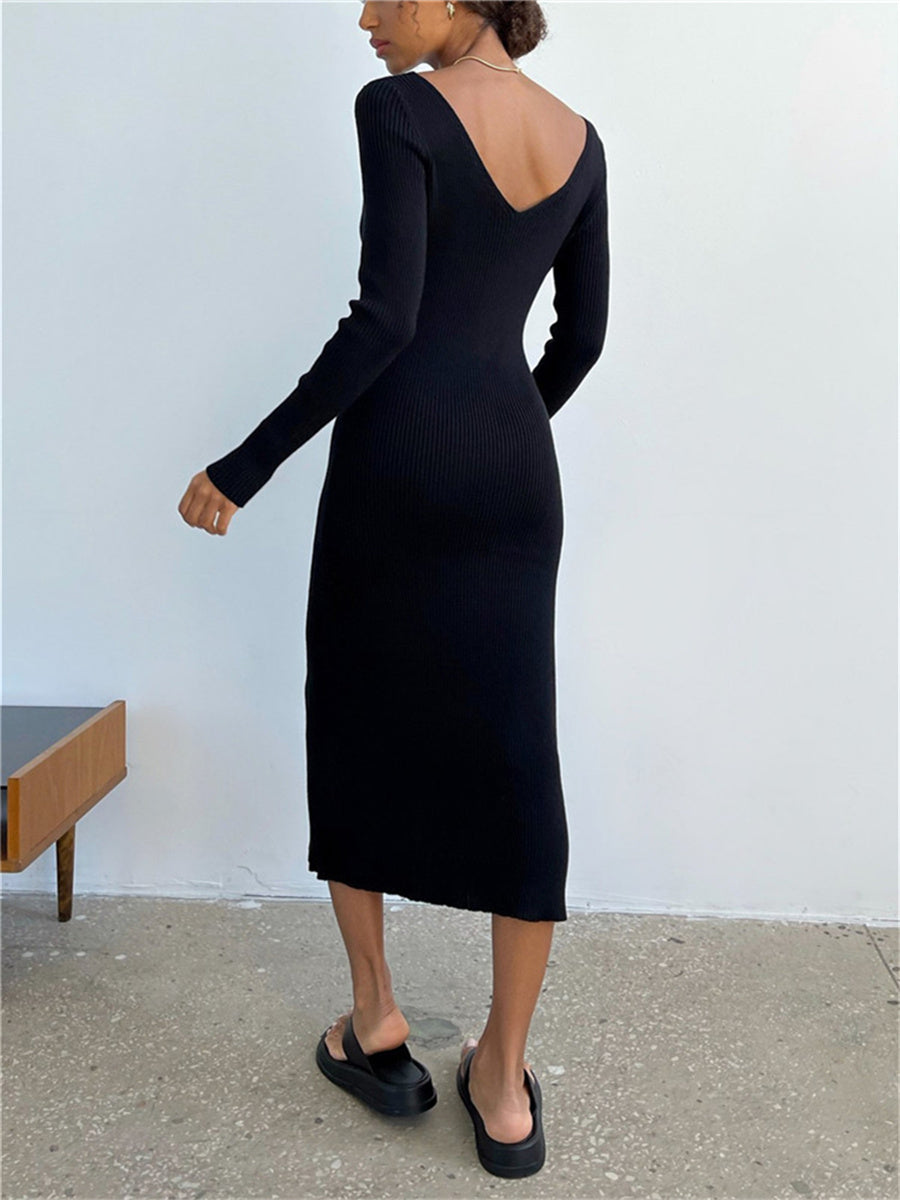 V-Neck Backless Knit Rib Wrap Midi Pencil Dress