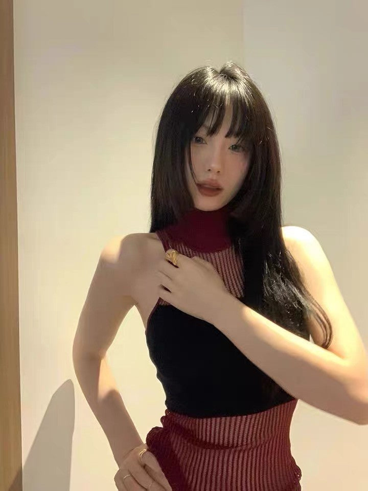 Hollow Out Turtleneck Knitted Vest Y2k Style Sleeveless Top