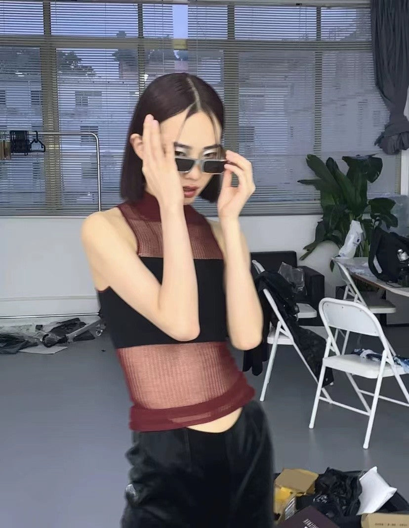 Hollow Out Turtleneck Knitted Vest Y2k Style Sleeveless Top