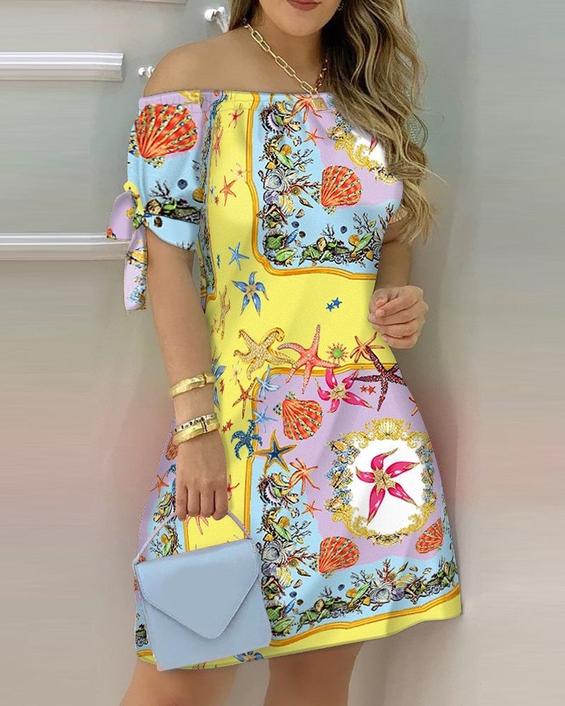 Off Shoulder Summer Mini Dress Short Sleeve Bow Tie Striped Plaid Floral Vestidos