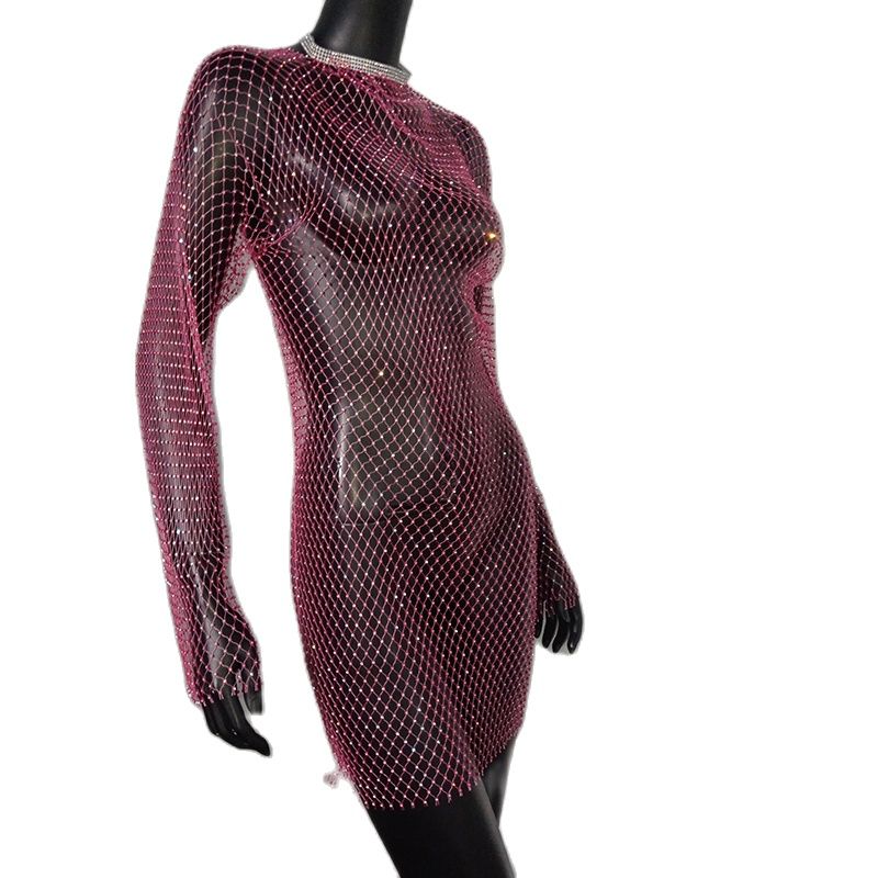 Bling Rhinestones Fishnet Mini Dress Sexy Long Sleeve Crystal Dress