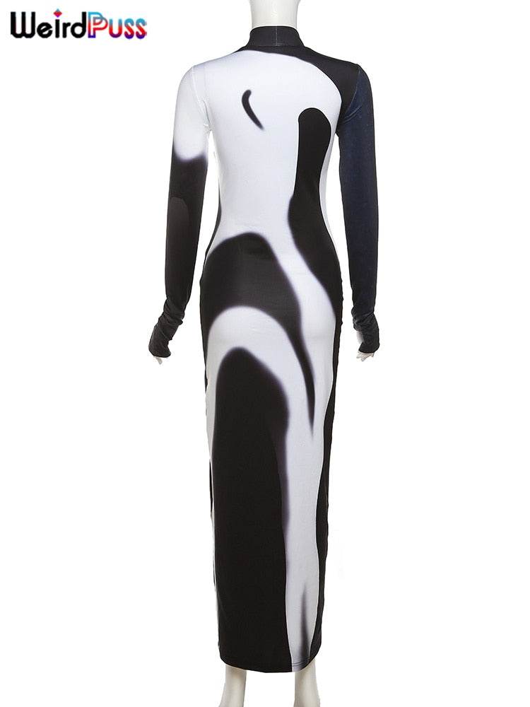 Weird Puss Gradient Maxi Dress Skinny Stretchy Long Sleeve O-Neck Trend Bodycon