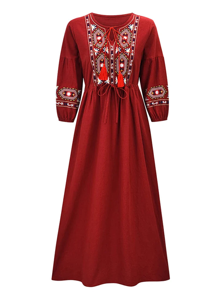Cotton Linen Embroidery A Neck Ruffle Sleeve Boho Dress