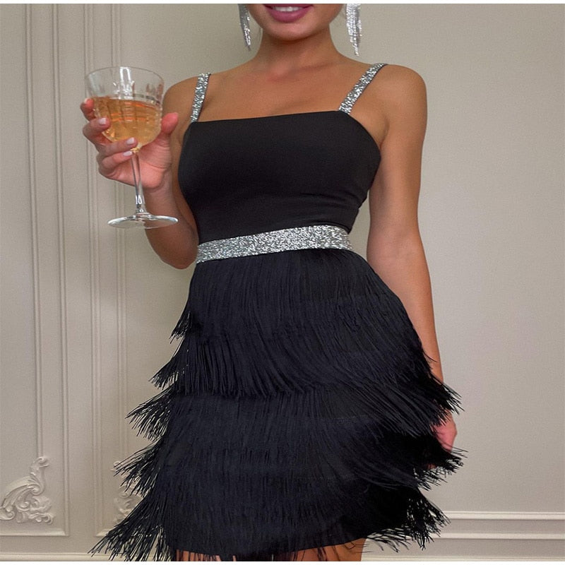 Off Shoulder Suspender Fringed Slim Dress