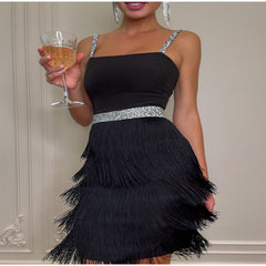 Off Shoulder Suspender Fringed Slim Dress