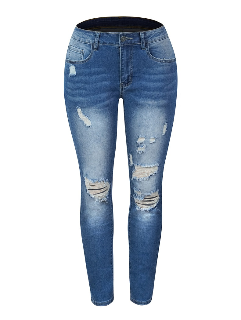WomenJeans Blue Hight Waist Streetwear Ripped Casual Fashion Denim Pencil Pants