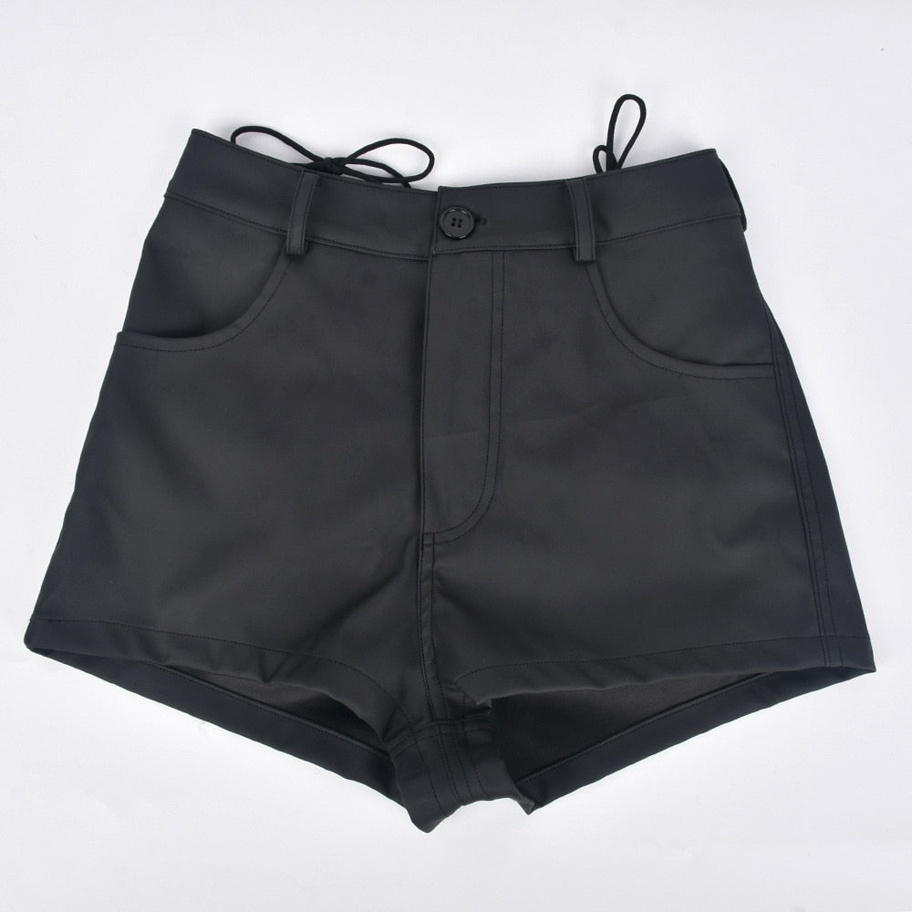 Hollow Out Lace-up Pu Matte Personality Shorts