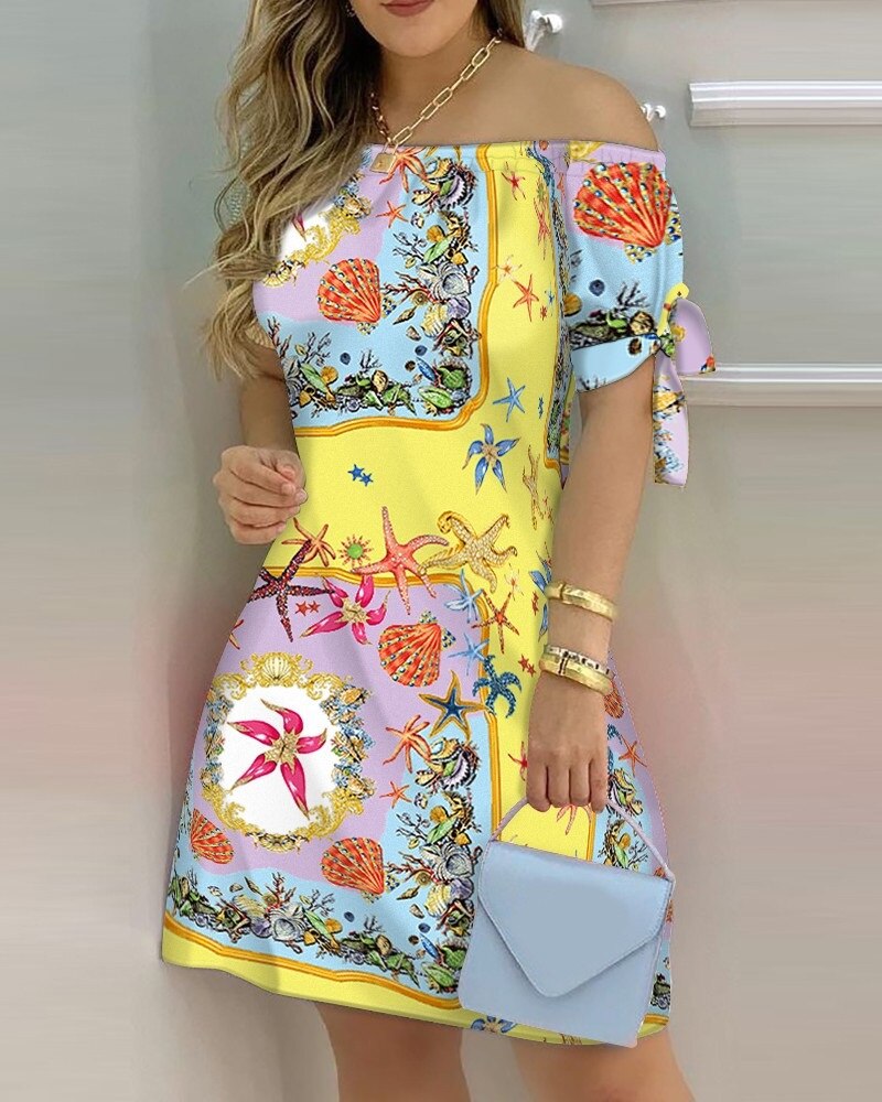 Off Shoulder Summer Mini Dress Short Sleeve Bow Tie Striped Plaid Floral Vestidos