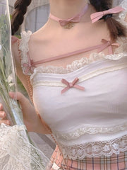 White Korean College Style Sweet Tank Top Bow Lace France Princess Vset