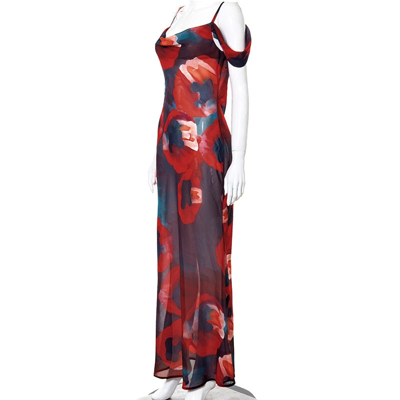 Boho Floral Holiday Summer Evening Party Mesh Sundress Vacation Spaghetti A-line