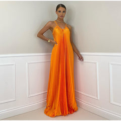 Pleated Long Halter Sleeveless Sling Banquet Dress