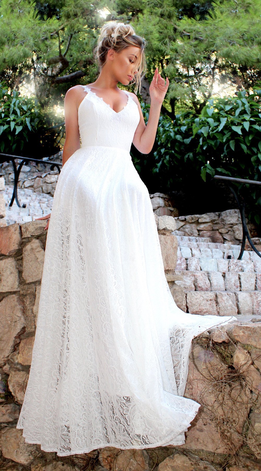 White Lace Hook Flower Hollow Patchwork Boho Long Sleeve Dresses Wedding Party