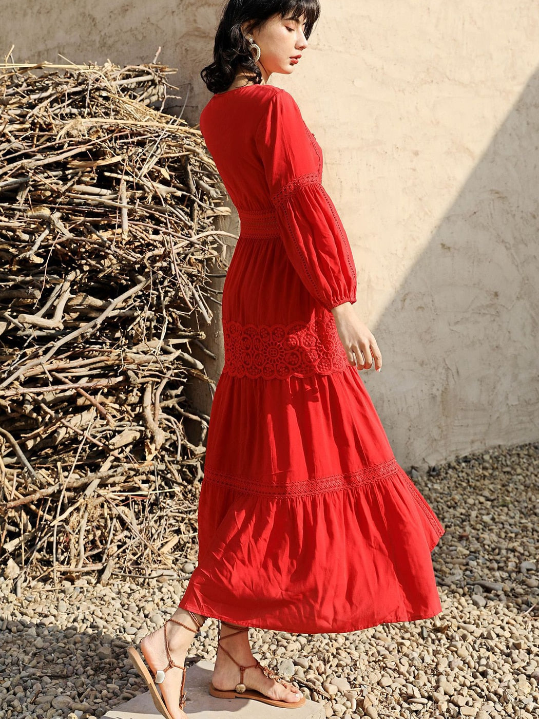 Cotton Patchwork Lace Dresses V-Neck Lantern Sleeve Maxi Dress