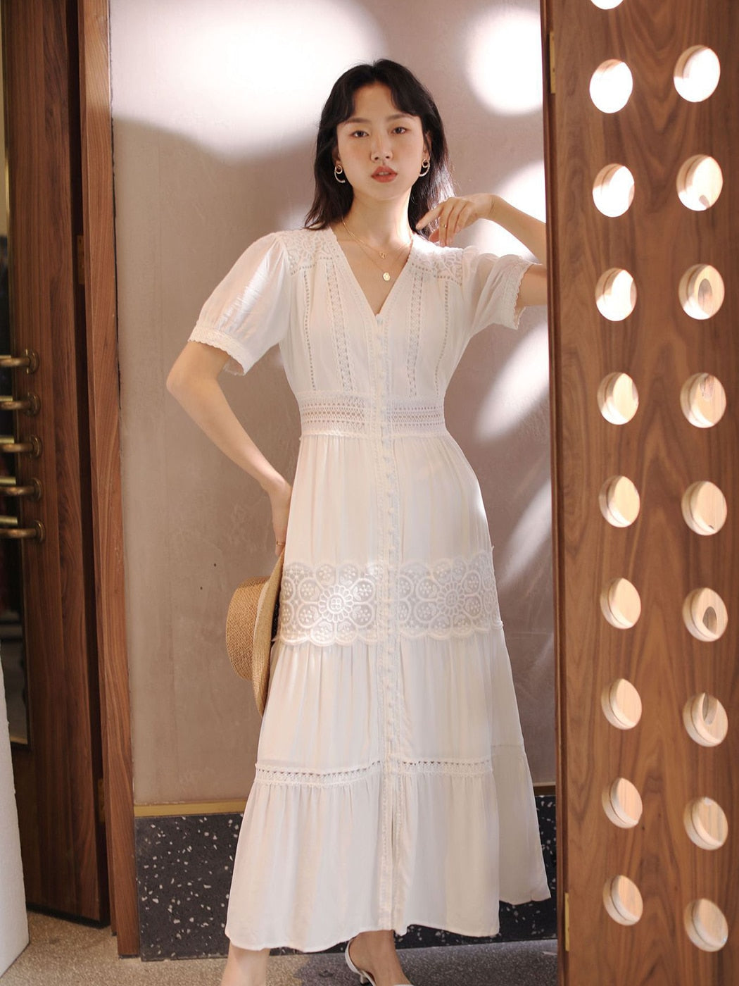 Cotton Patchwork Lace Dresses V-Neck Lantern Sleeve Maxi Dress