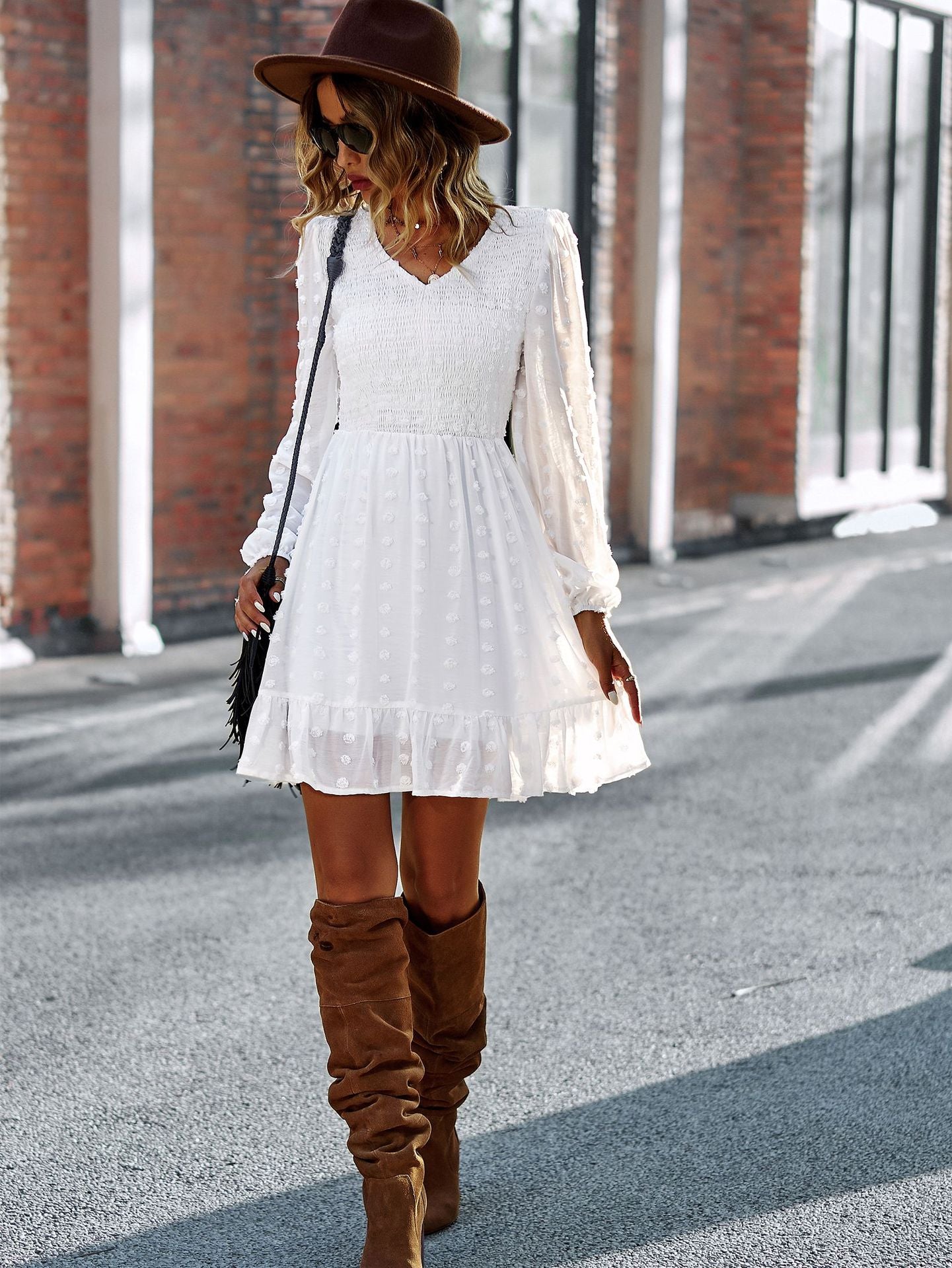 Lantern Sleeve V-neck High Wait Party Dress