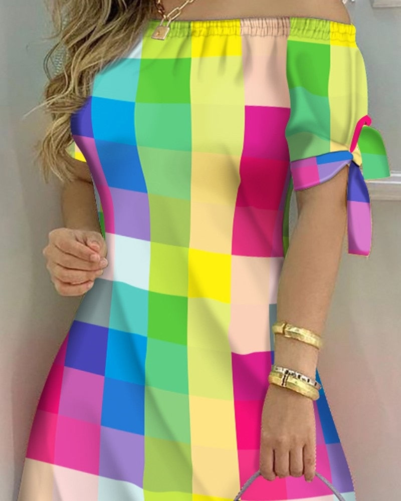 Off Shoulder Summer Mini Dress Short Sleeve Bow Tie Striped Plaid Floral Vestidos